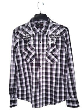 Pop Icon Clothing Men's Shirt Size XL Embroidered Dome Snap Black & White Plaid